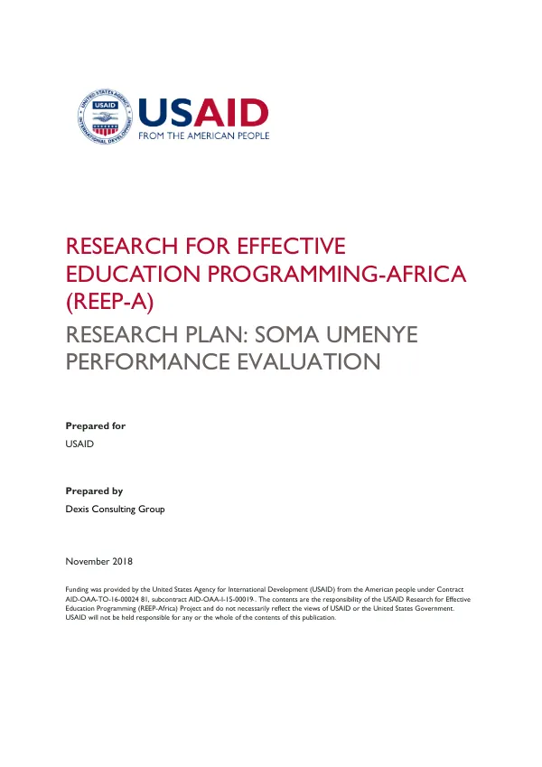 RESEARCH FOR EFFECTIVE EDUCATION PROGRAMMING-AFRICA (REEP-A) RESEARCH PLAN: SOMA UMENYE PERFORMANCE EVALUATION