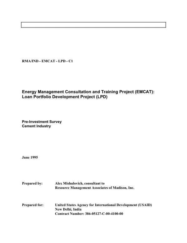 Energy management consultation and training project (EMCAT) : loan portfolio development project (LPD) -- pre-investment survey, cement industry, India
