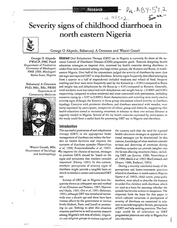 Severity signs of childhood diarrhoea in north eastern Nigeria