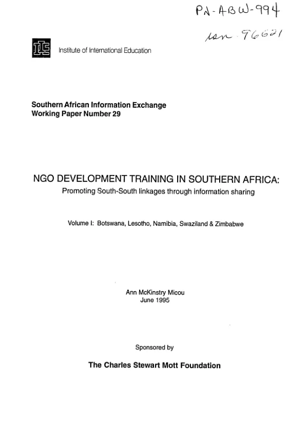 NGO development training in Southern Africa : promoting South-South linkages through information sharing. Volume I : Botswana, Lesotho, Namibia, Swaziland & Zimbabwe