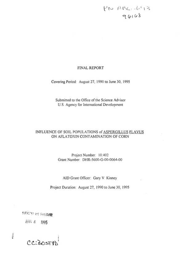 Final report : influence of soil populations of Aspergillus flavus on aflatoxin contamination of corn