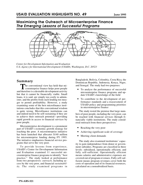 Maximizing the outreach of microenterprise finance : the emerging lessons of successful programs