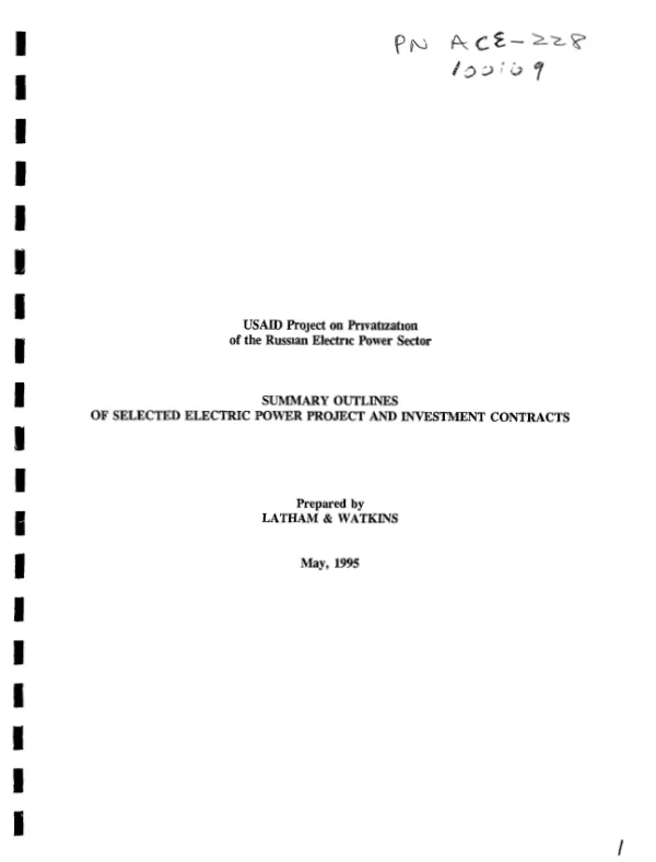 USAID project on privatization of the Russian electric power sector : summary outlines of selected electric power project and investment contracts