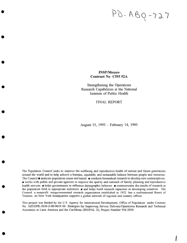 INSP [Instituto Nacional de Salud Publica]/Mexico contract no. CI93.52A : strengthening the operations research capabilities at the National Institute of Public Health - final report - August 15, 1993 - February 14, 1995