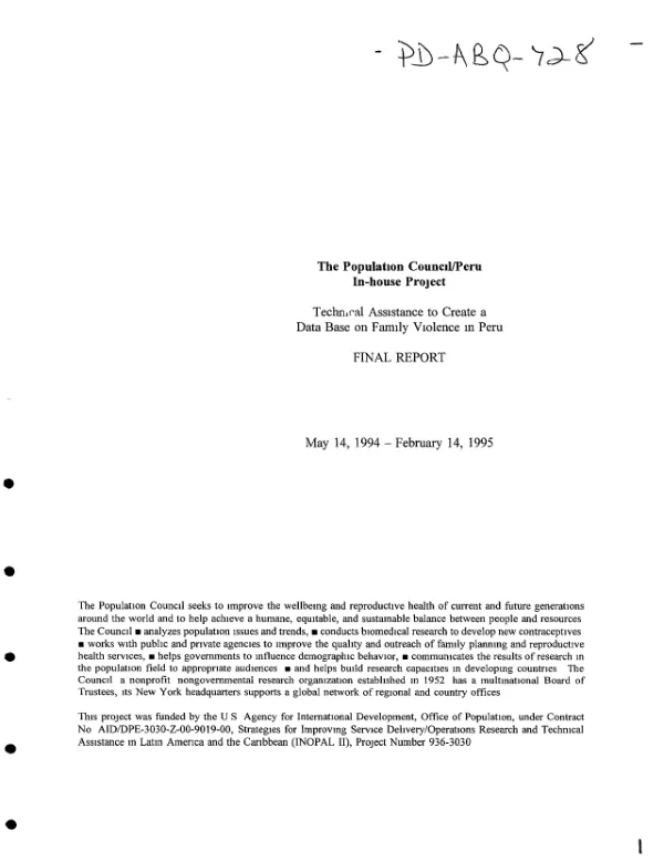 Population Council/Peru in - house project : technical assistance to create a data base on family violence in Peru - final report - May 14, 1994 - February 14, 1995