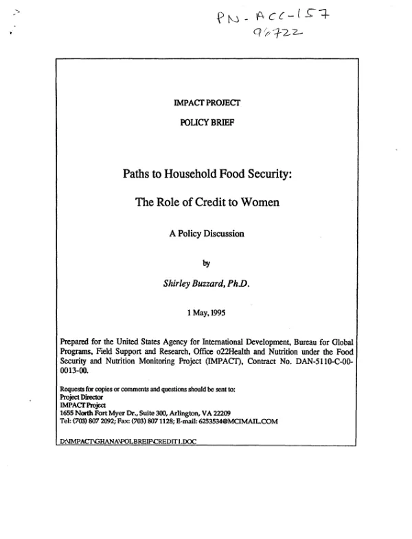 Paths to household food security : the role of credit to women -- a policy discussion