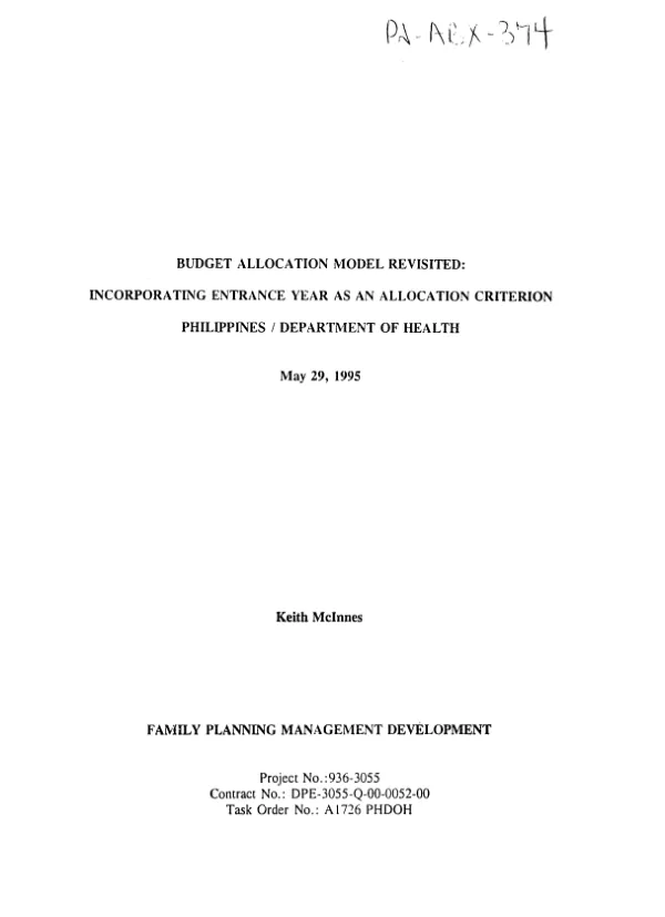Budget allocation model revisited : incorporating entrance year as an allocation criterion -- Philippines/Department of Health