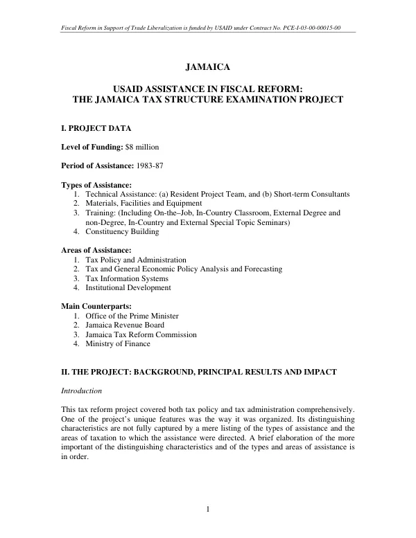 Jamaica : USAID assistance in fiscal reform -- the Jamaica tax structure examination project