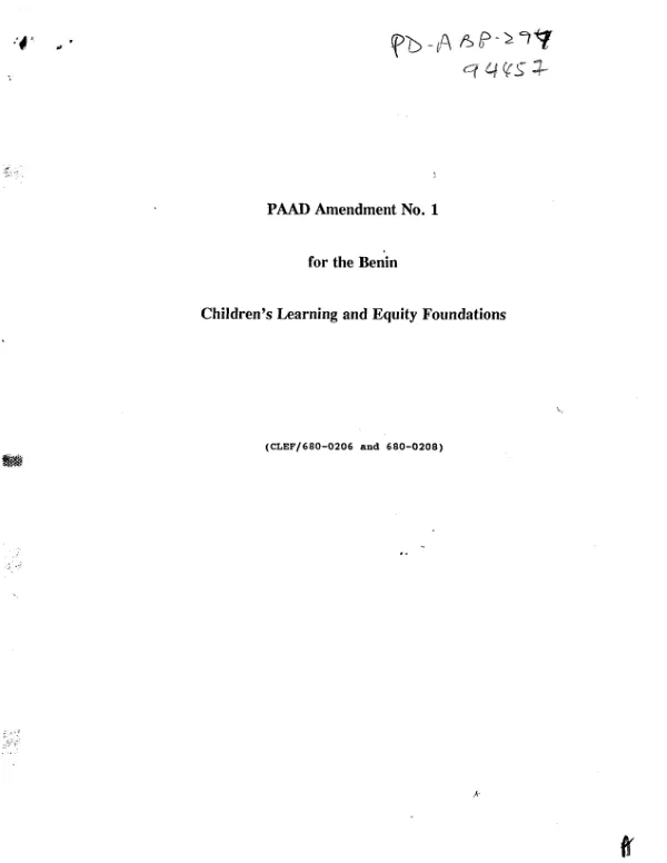 PAAD amendment no. 1 for the Benin children"s learning and equity foundations (CLEF/680-0206 and 680-0208)