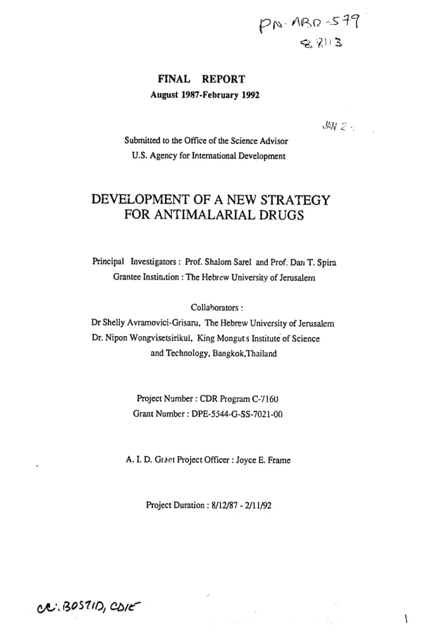 Final report, August 1987-February 1992 : development of a new strategy for antimalarial drugs
