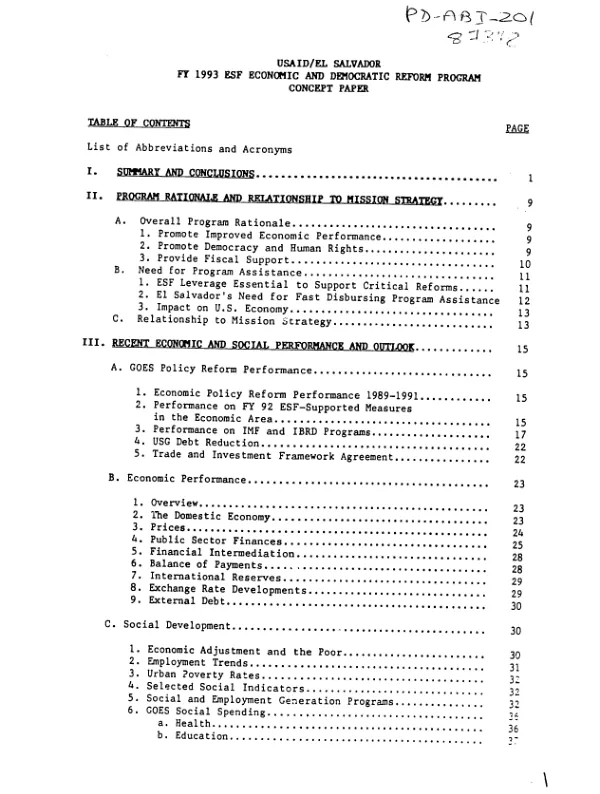 USAID/El Salvador : FY 1993 ESF economic and democratic reform program -- concept paper