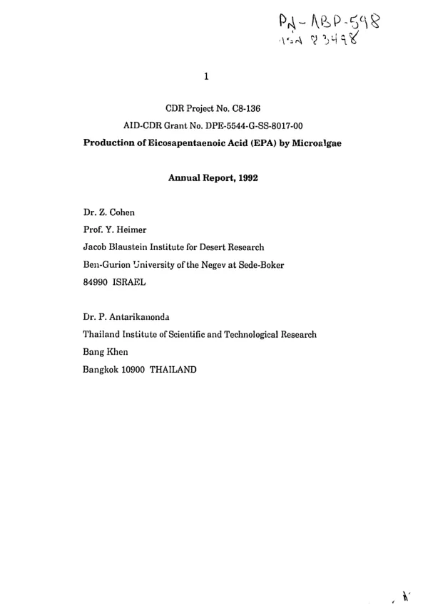 CDR project no. C8-136, AID-CDR grant no. DPE-5544-G-SS-8017-00 : production of Eicosapentaenoic Acid (EPA) by microalgae -- annual report, 1992
