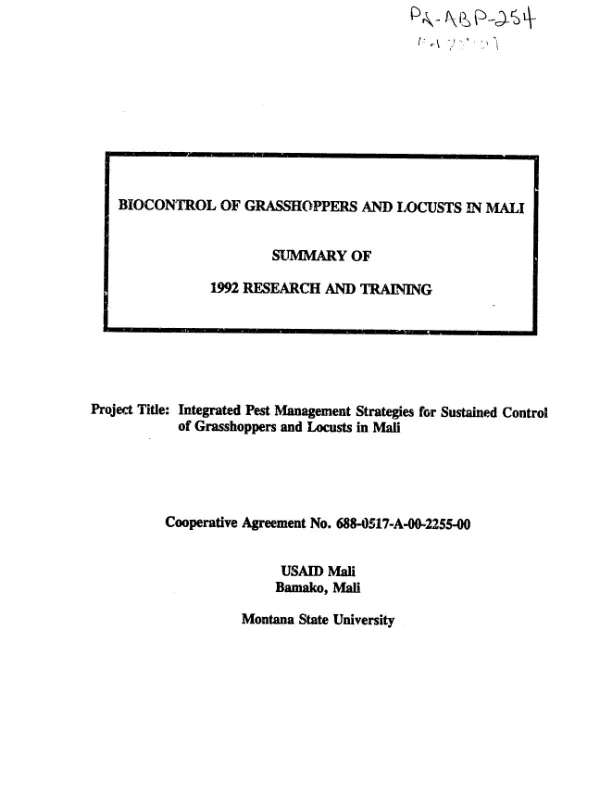 Biocontrol of grasshopper and locusts in Mali : summary of 1992 research and training