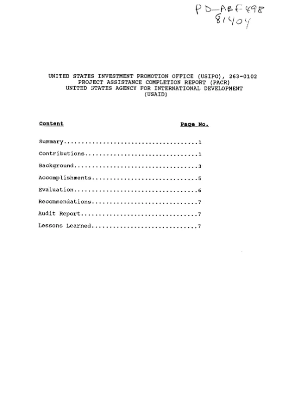 United States Investment Promotion Office (USIPO), 263-0102 : project assistance completion report (PACR)