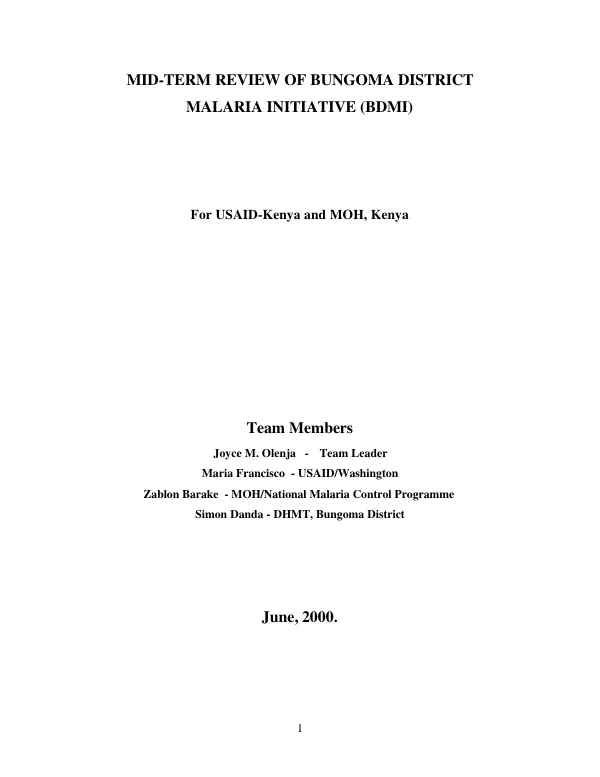 Mid-term review of Bungoma District malaria initiative (BDMI)