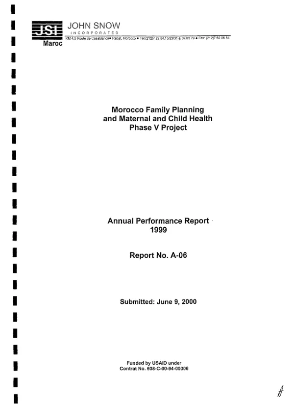 Morocco family planning and maternal and child health phase V project : annual performance report, 1999