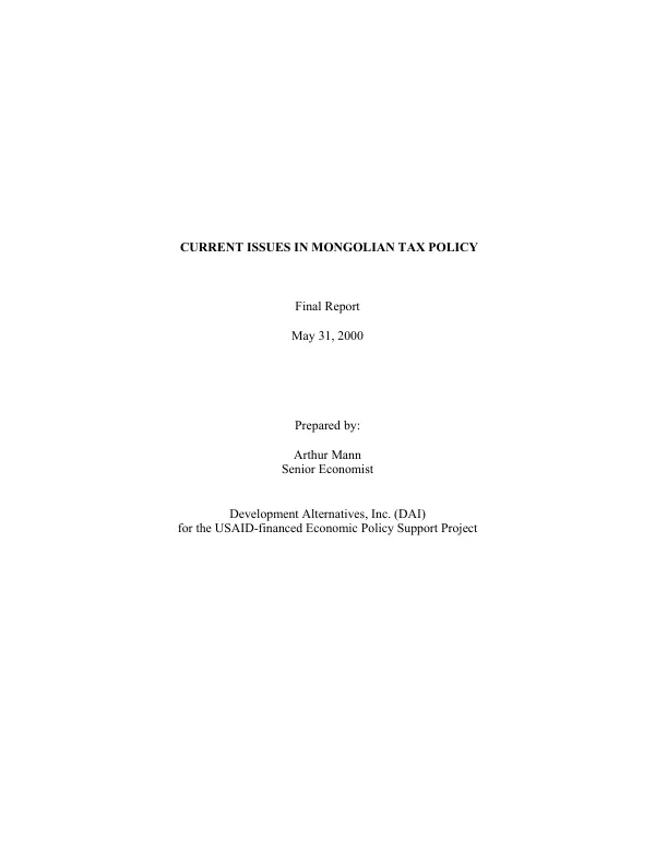 Current issues in Mongolian tax policy : final report