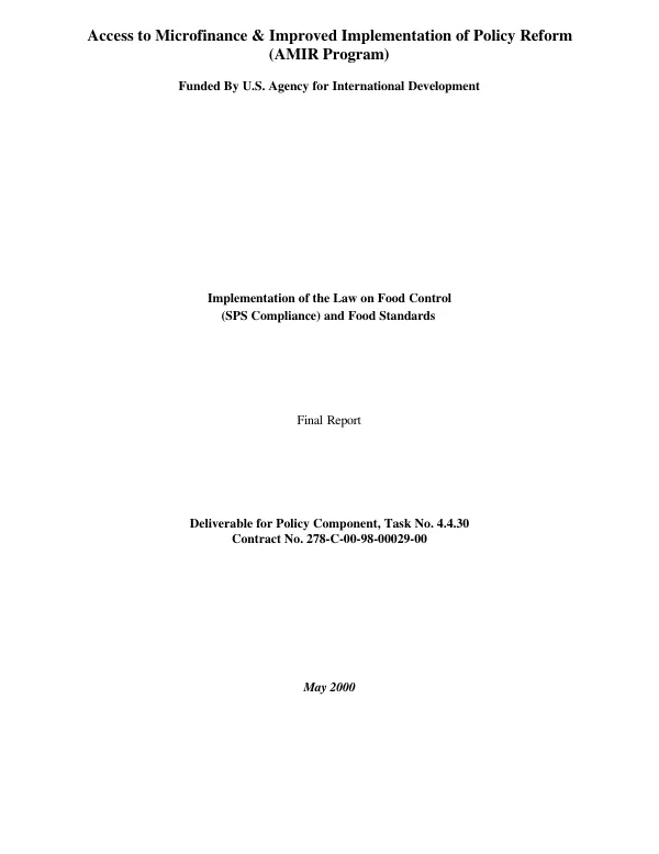 Implementation of the law on food control (SPS [sanitary and phytosanitary] compliance) and food standards