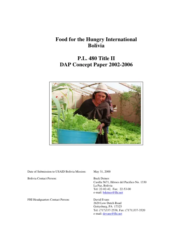 Food for the Hungry International : Bolivia -- PL 480 Title II : DAP [development activity proposal] concept paper, [FY] 2001-2006