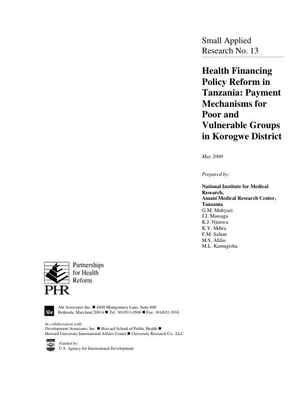 Health financing policy reform in Tanzania : payment mechanisms for poor and vulnerable groups in Korogwe District