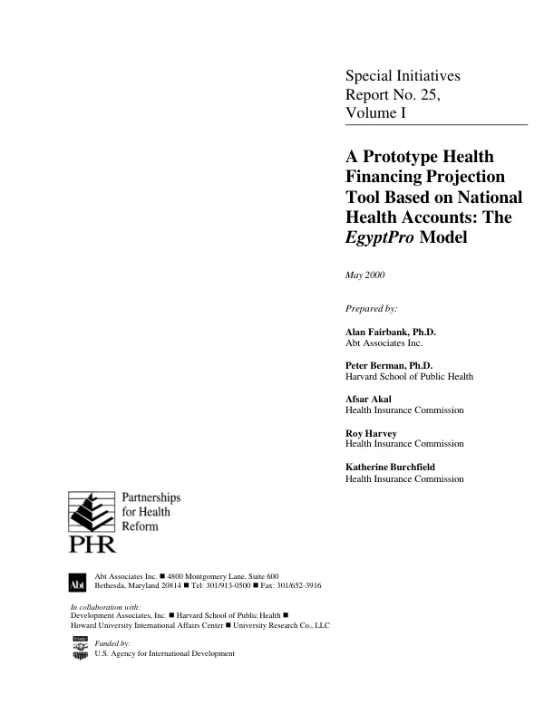 A prototype health financing projection tool based on national health accounts : the EgyptPro model