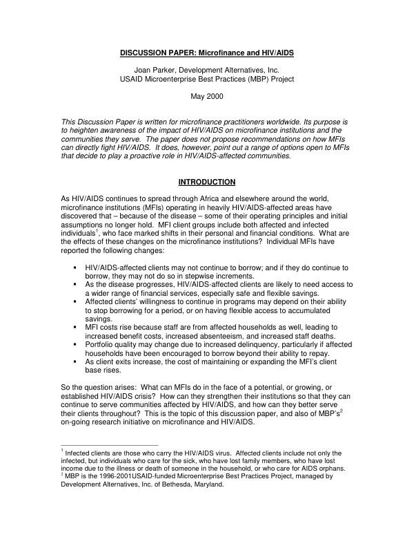 Discussion paper : microfinance and HIV/AIDS