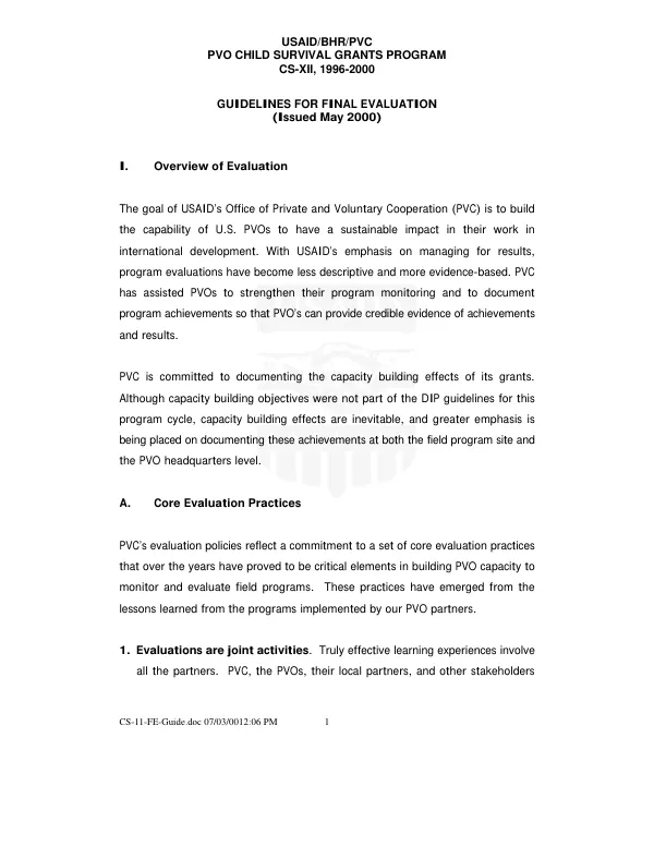 USAID/BHR/PVC : PVO child survival grants program, CS-XII, 1996-2000 -- guidelines for final evaluation