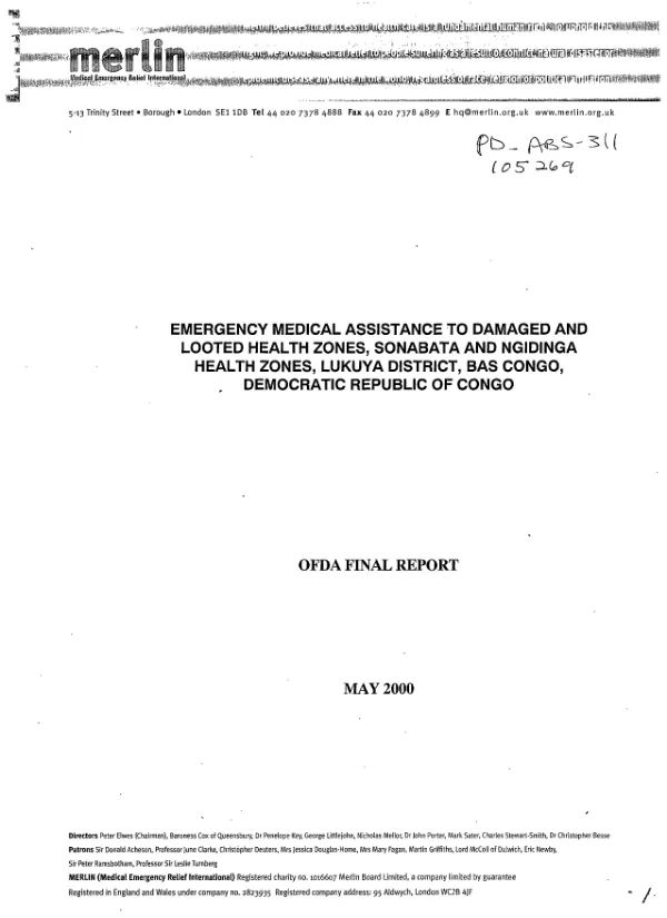Emergency medical assistance to damaged and looted health zones, Sonabata and Ngidinga health zones, Lukuya District, Bas Congo, Democratic Republic of Congo : OFDA final report