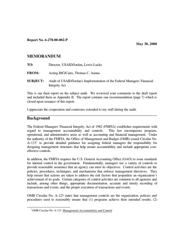 Audit of USAID/Jordan"s implementation of the Federal Managers" Financial Integrity Act