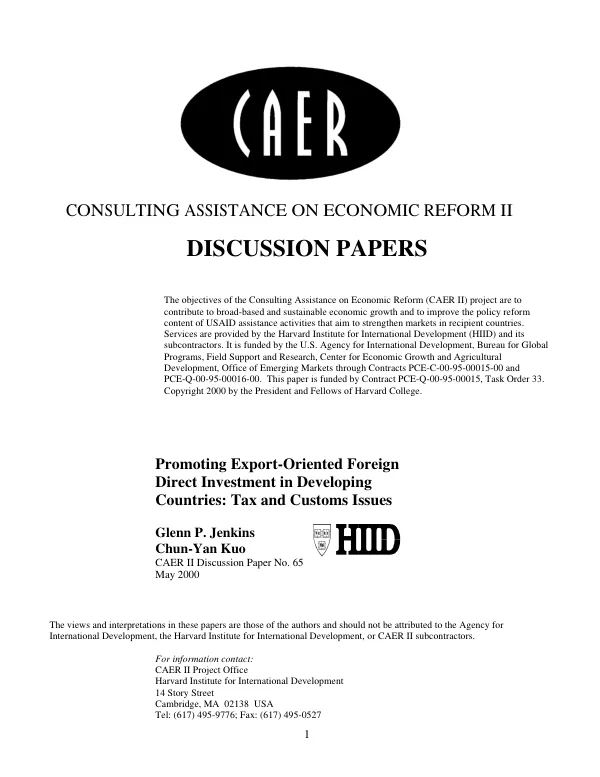 Promoting export-oriented foreign direct investment in developing countries : tax and customs issues