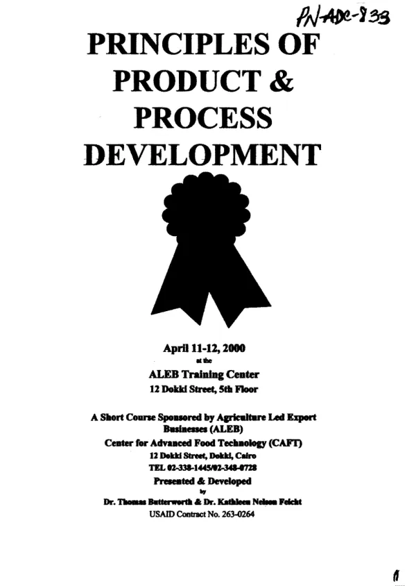 Principles of product & process development : April 11-12, 2000 at the ALEB Training Center[, Cairo, Egypt]