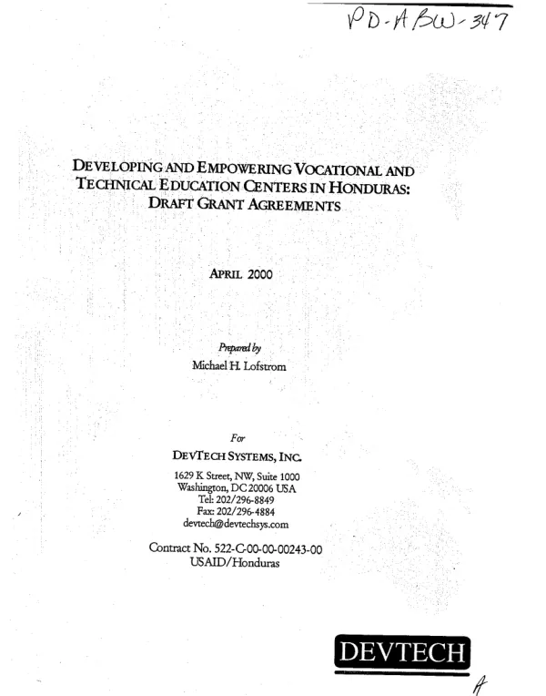 Developing and empowering vocational and technical education centers in Honduras : draft grant agreements