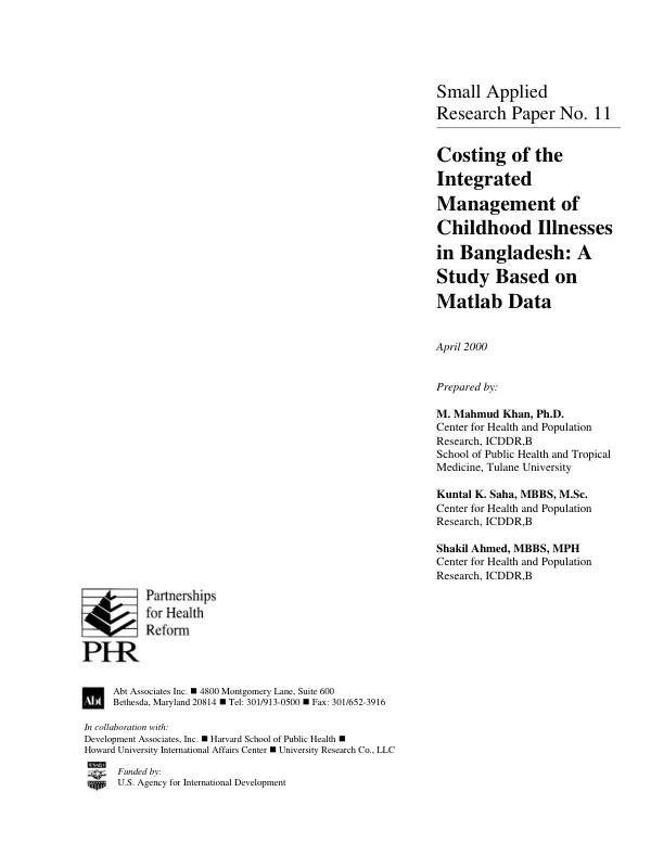 Costing of the integrated management of childhood illnesses in Bangladesh : a study based on Matlab data