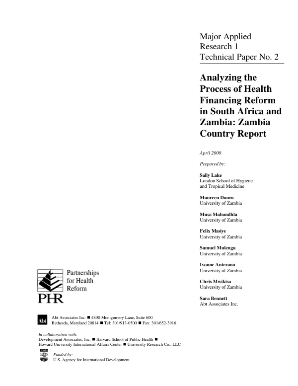 Analyzing the process of health financing reform in South Africa and Zambia : Zambia country report