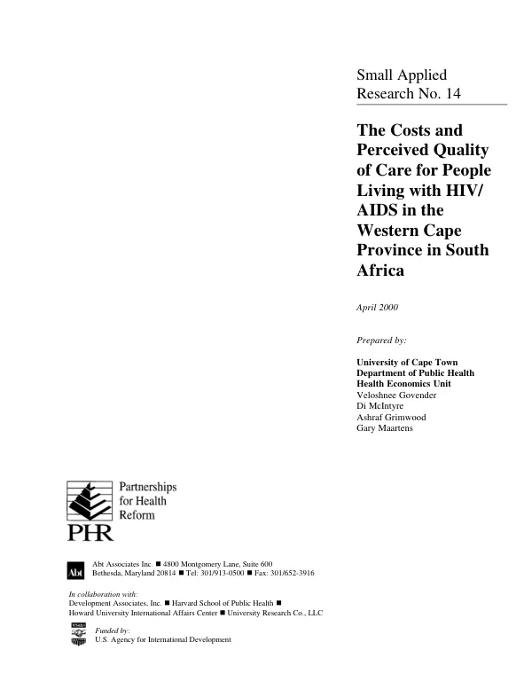 The costs and perceived quality of care for people living with HIV/AIDS in the Western Cape province in South Africa