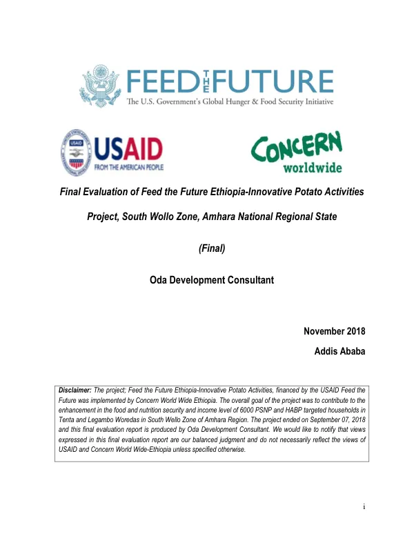 Final evaluation of Feed the Future Ethiopia : innovative potato activities project, South Wollo zone, Amhara National Regional State (final)