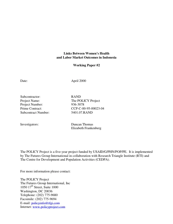 Links between women"s health and labor market outcomes in Indonesia
