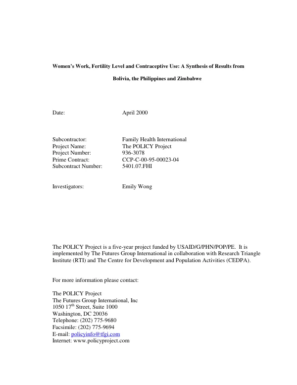 Women"s work, fertility level and contraceptive use : a synthesis of results from Bolivia, the Philippines and Zimbabwe