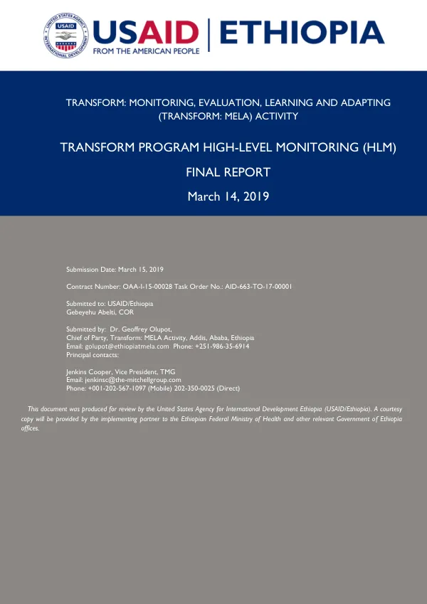 USAID/Transform Program High-level Monitoring Report