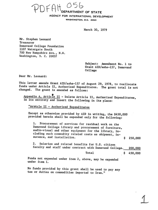 Grant by the United States of America to Damavand College Foundation for Damavand College, Tehran, Iran
