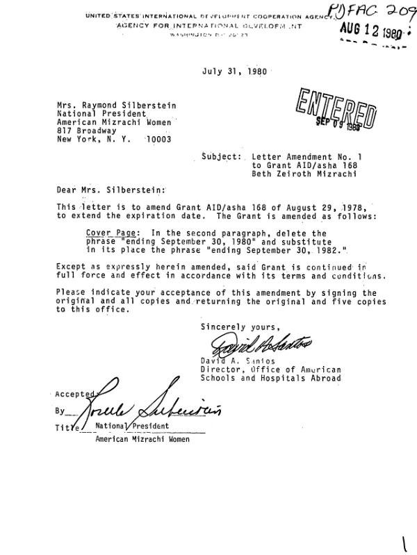 Grant by the United States of America to American Mizrachi Women for Beth Zeiroth Mizrachi Vocational High School, Israel