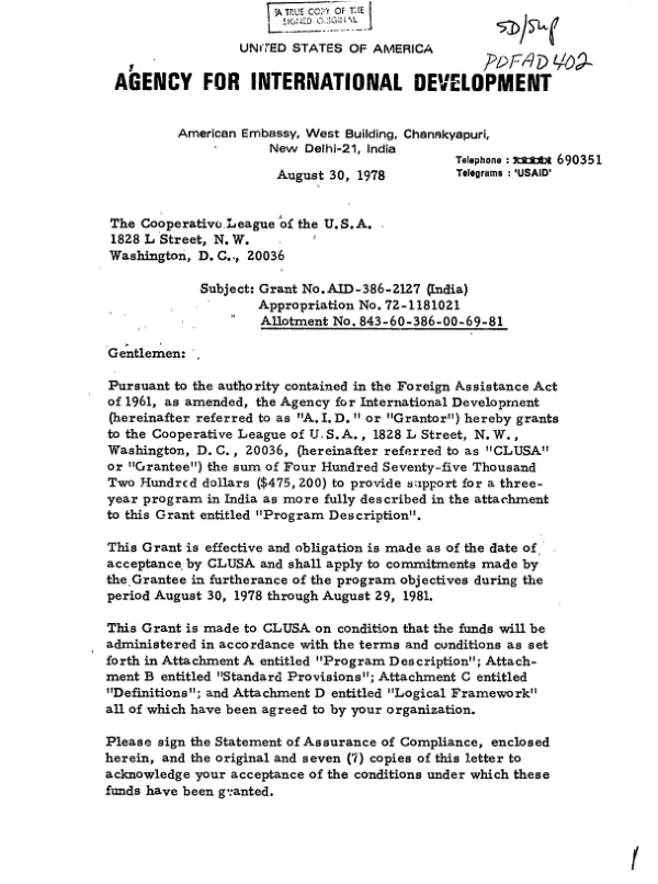 AID grant no. AID-386-2127 to carry out a cooperative oilseed processing management development project in India