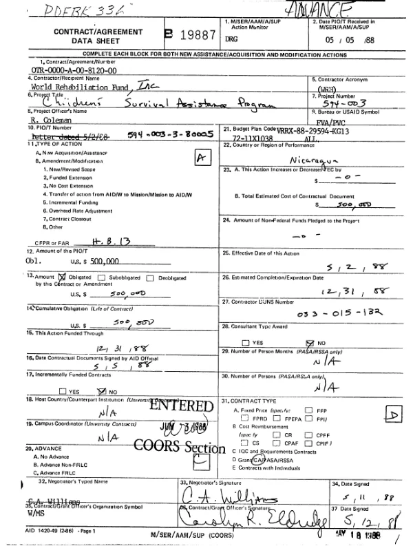 AID cooperative agreement no. OTR-0000-A-00-8120-00 to World Rehabilitation Fund, Inc. to provide medical care and other relief for children who are victims of the Nicaraguan civil strife
