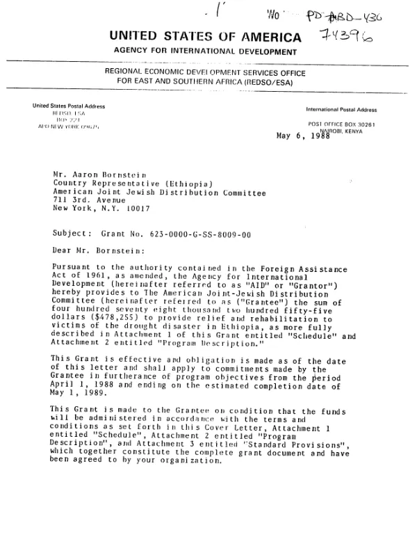 AID grant no. 623-0000-G-SS-8009-00 to the American Joint Jewish Distribution Committee to provide relief and rehabilitation to victims of the drought disaster in Ethiopia