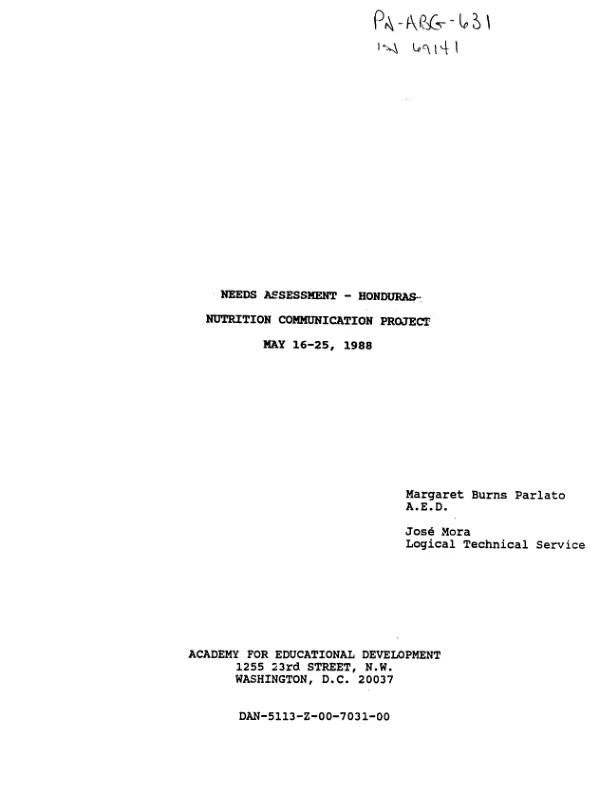 Needs assessment -- Honduras nutrition communication project, May 16-25, 1988