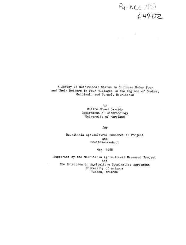 Survey of nutritional status in children under four and their mothers in four villages in the regions of Brakna, Guidimaka, and Gorgol, Mauritania