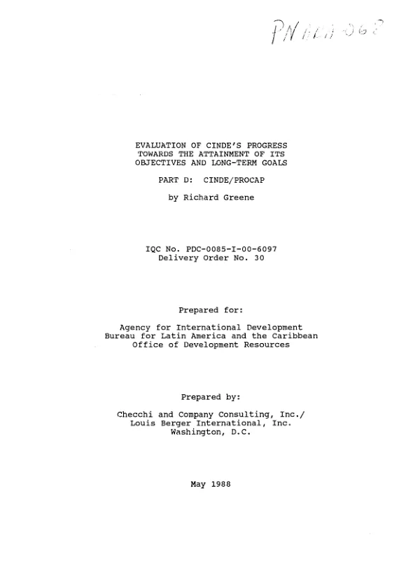 Evaluation of CINDE"s progress towards the attainment of its objectives and long-term goals -- part D : CINDE/PROCAP