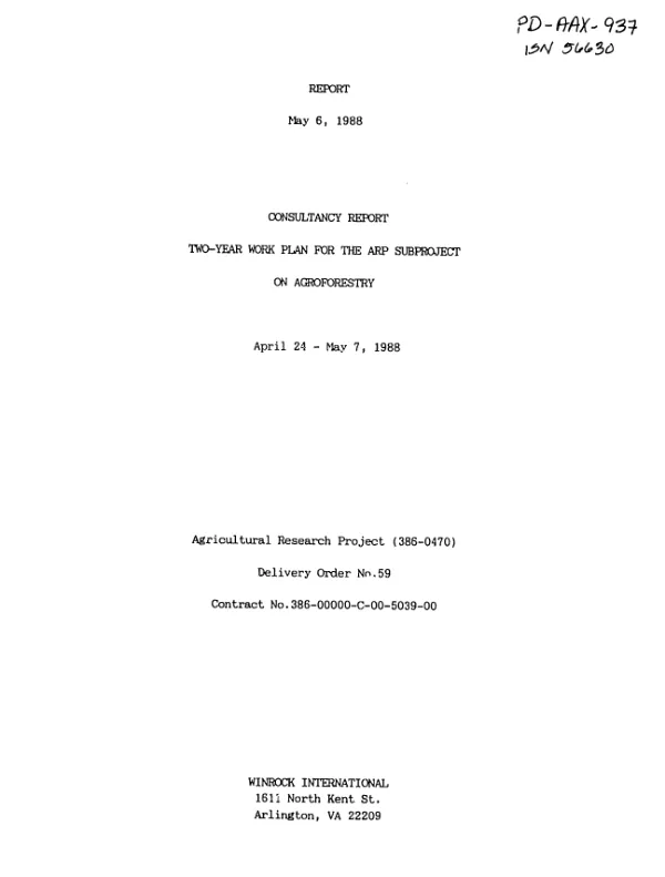 Consultancy report : two - year work plan for the ARP subproject on agroforestry, April 24-May 7, 1988