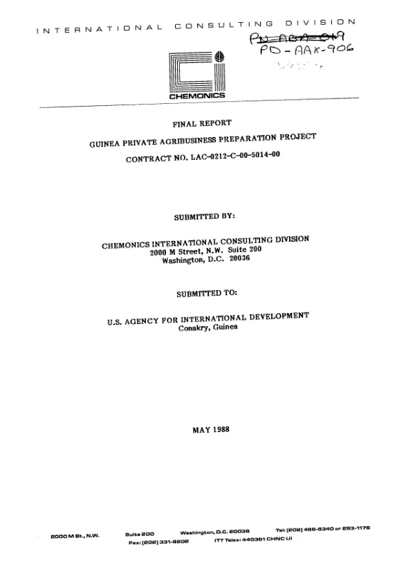 Final report ; Guinea private agribusiness preparation project, contract no. LAC-0212-C-00-5014-00
