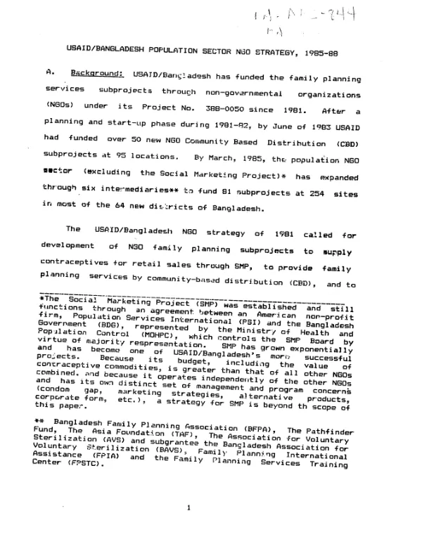USAID/Bangladesh population sector NGO strategy, 1985-88